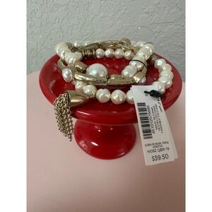 NWT Chico's Gold Tone Pearl Tassel Stretch Bracelet Set Gift Party Holiday